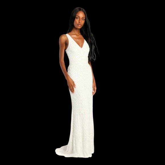 Lulus Simple Romance Vintage Style Beaded Mermaid White Wedding Dress Sz L NWOT - Picture 8 of 9